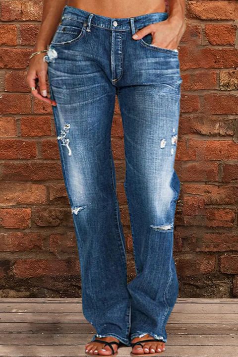 Ripped Low Waist Straight Leg Jeans Navy Blue