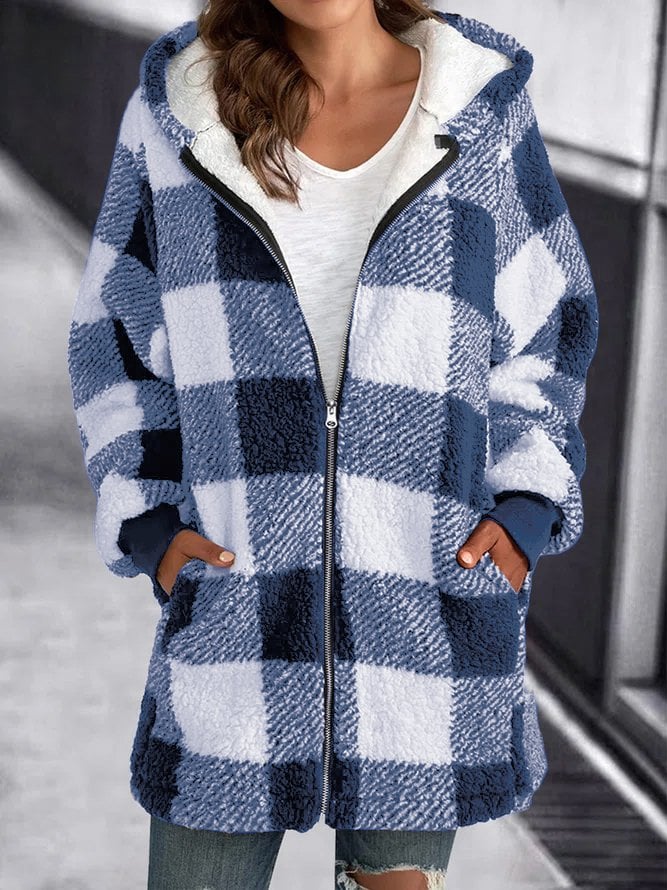 Women Oversized Hoodie Plaid Loose Overcoat Blue