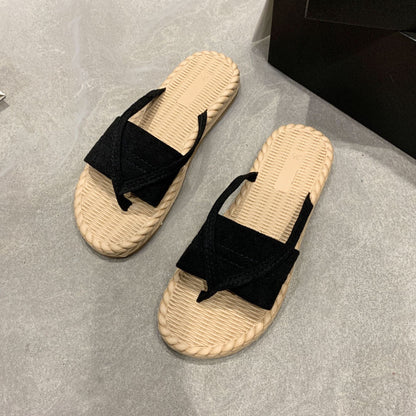 Minimalist Corduroy Thong Sandals Black