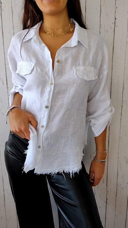 Tassel Lapel Mid-sleeve Cotton and Linen Lapel Shirt white