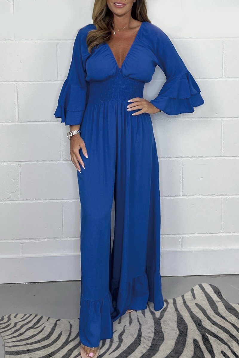 Solid color V-neck jumpsuit Blue