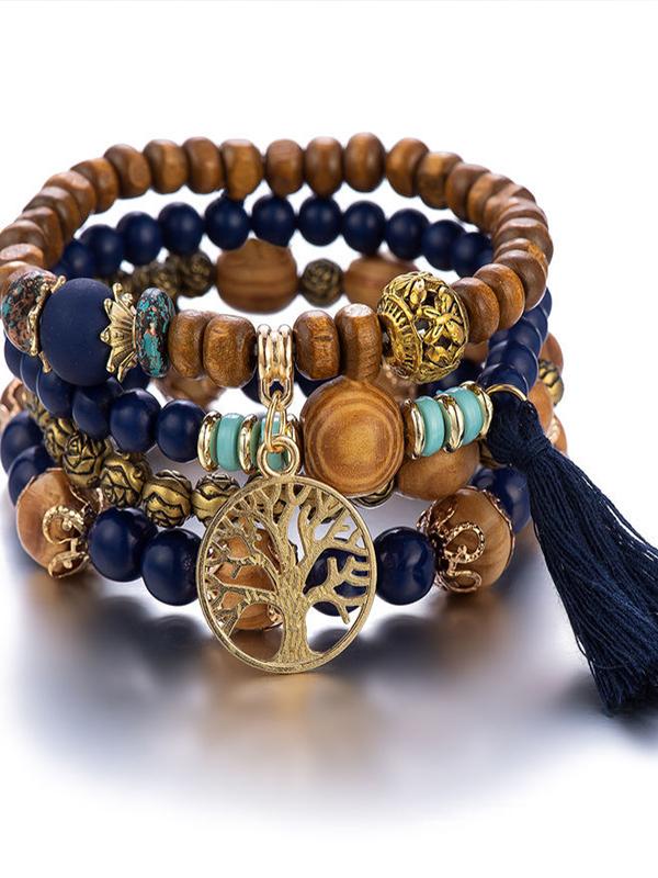 Boho Style Multi-layered Wooden Beaded Bracelet Dark blue One Size