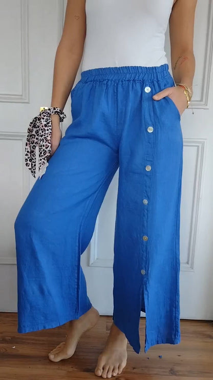 Women's Cotton and Linen Solid Color Casual Shirt blue Pants