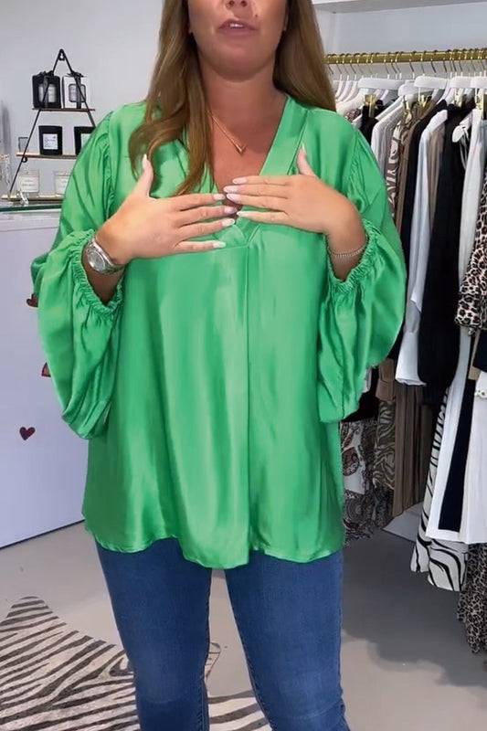 Satin V-neck shirt top Green