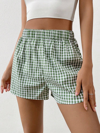 Plaid Print Casual Shorts green