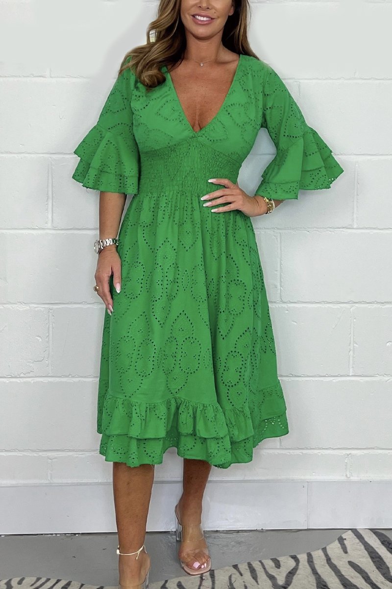 Smocked V Neck Dress Green