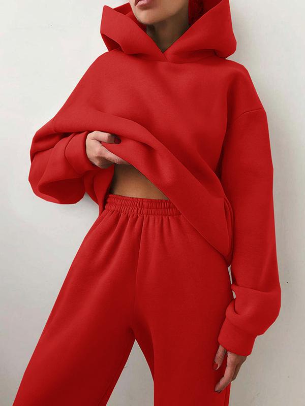 Casual fashion thickened long-sleeved sweatshirt and trousers two-piece set for women Red