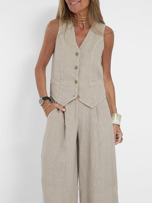 Fashion Vest Pants Collage Patchwork Cotton Hemp Casual Suit Apricot