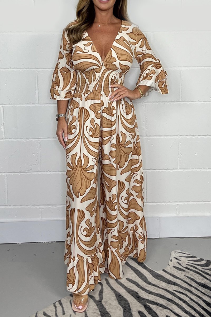 Printed V-neck jumpsuit Khaki