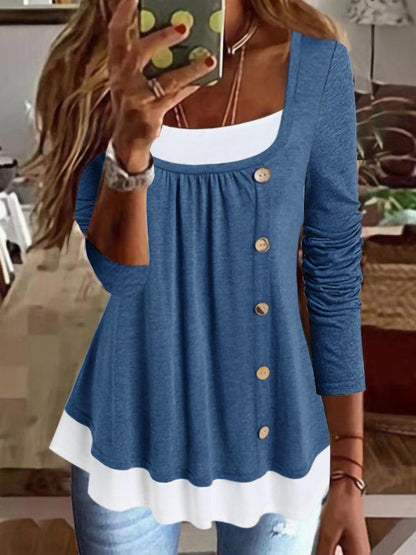 Casual Plain Button-Embellished Long-Sleeve Sweatshirts Blue