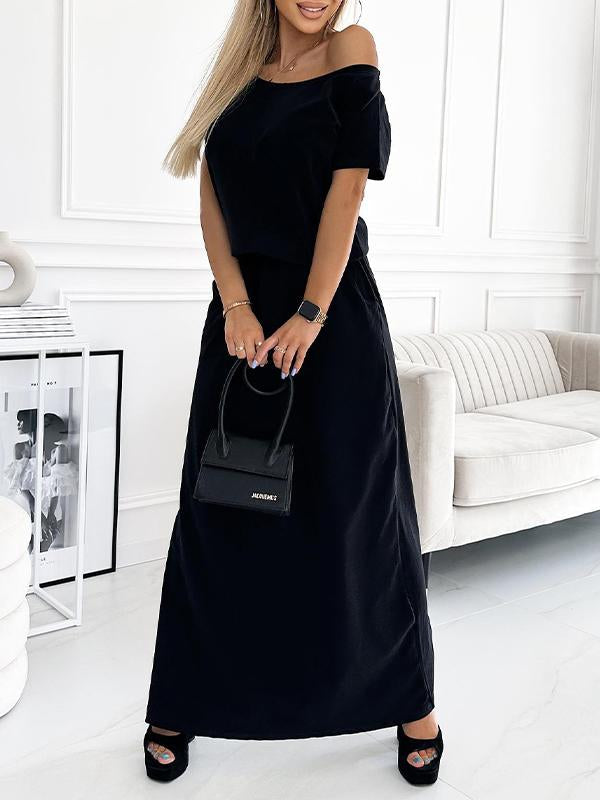 Casual Solid Color Two Piece Suit Skirt black