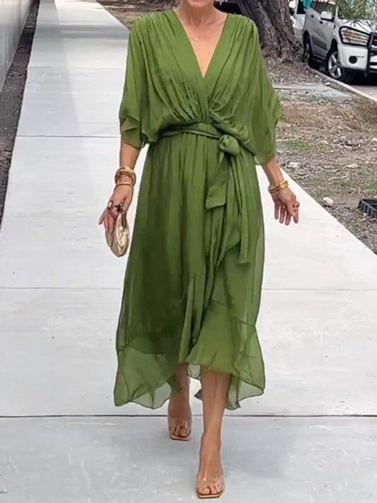 Stylish and elegant V-neck chiffon dress Green