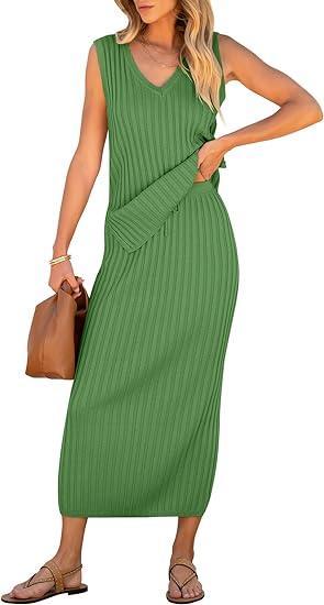 Women's V-neck Sleeveless Ribbed Skirt Suit