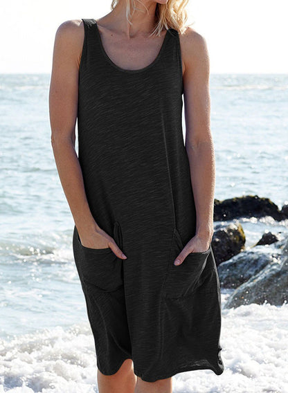 Solid Color Sleeveless Knit Casual Tank Dress Black