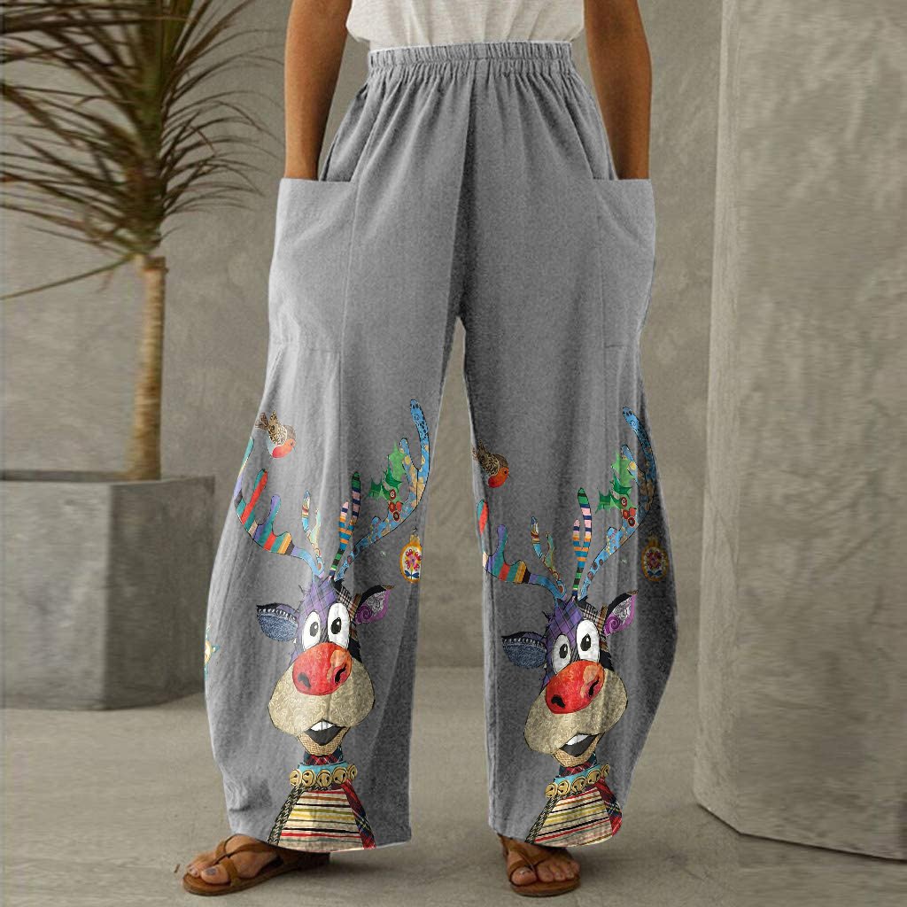 Lovely Cartoon Christmas Reindeer Print Casual Wide-leg Pants Light Gray