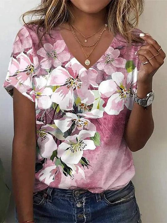 Casual V-neck Colorful Printed Top pink