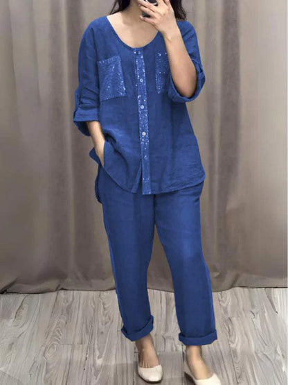 Cotton and Linen Sequined Round Neck Mid-sleeve Two-piece Suit blue