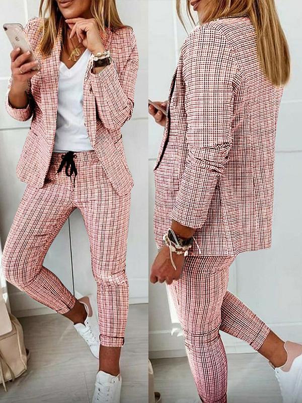 Women's Plaid Casual Suit Suit Pink