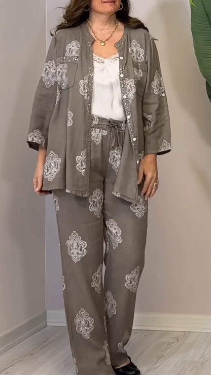 Cotton and Linen Retro Printed Two-piece Suit gray