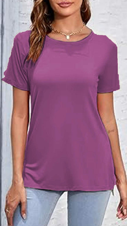 Round Neck Casual Solid Color Top short-sleeves purple-red