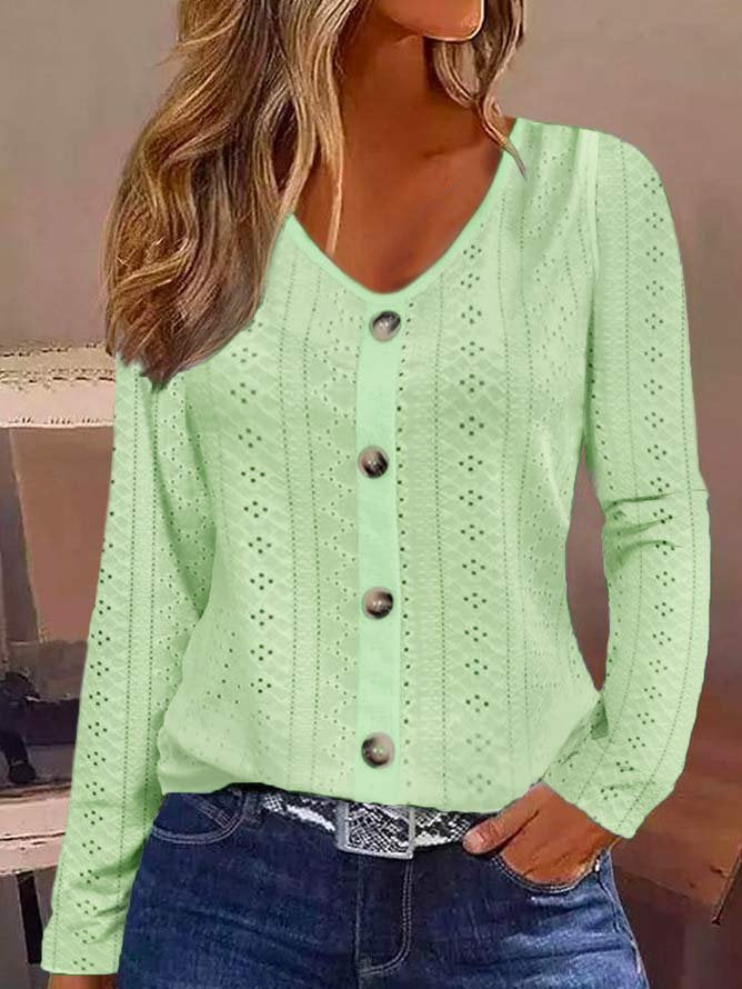 Buttoned Plain Casual Eyelet Embroidery Shirt Green