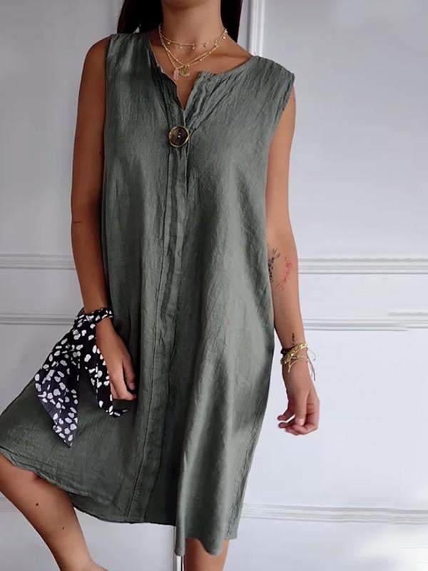 Women's Cotton and Linen Button Design V-neck Sleeveless Dress Army green