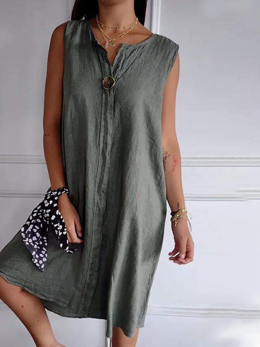 Women's Cotton and Linen Button Design V-neck Sleeveless Dress Army green