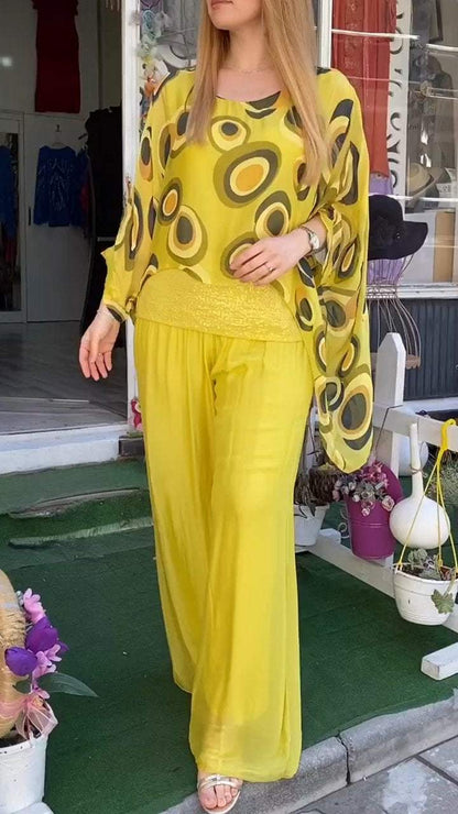 Casual Round Neck Bat Sleeve Top and Trousers Two-piece Suit Yellow