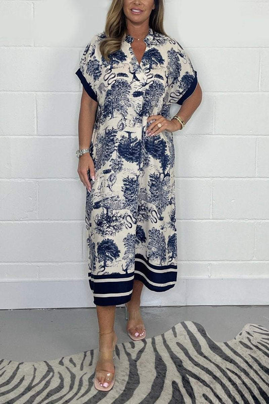 V-neck printed dress Navy and Beige