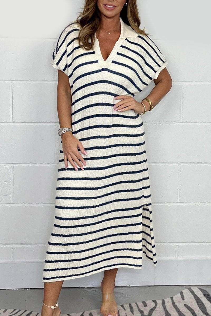 Stripe Knit Midi V Neck Dress Blue and Cream