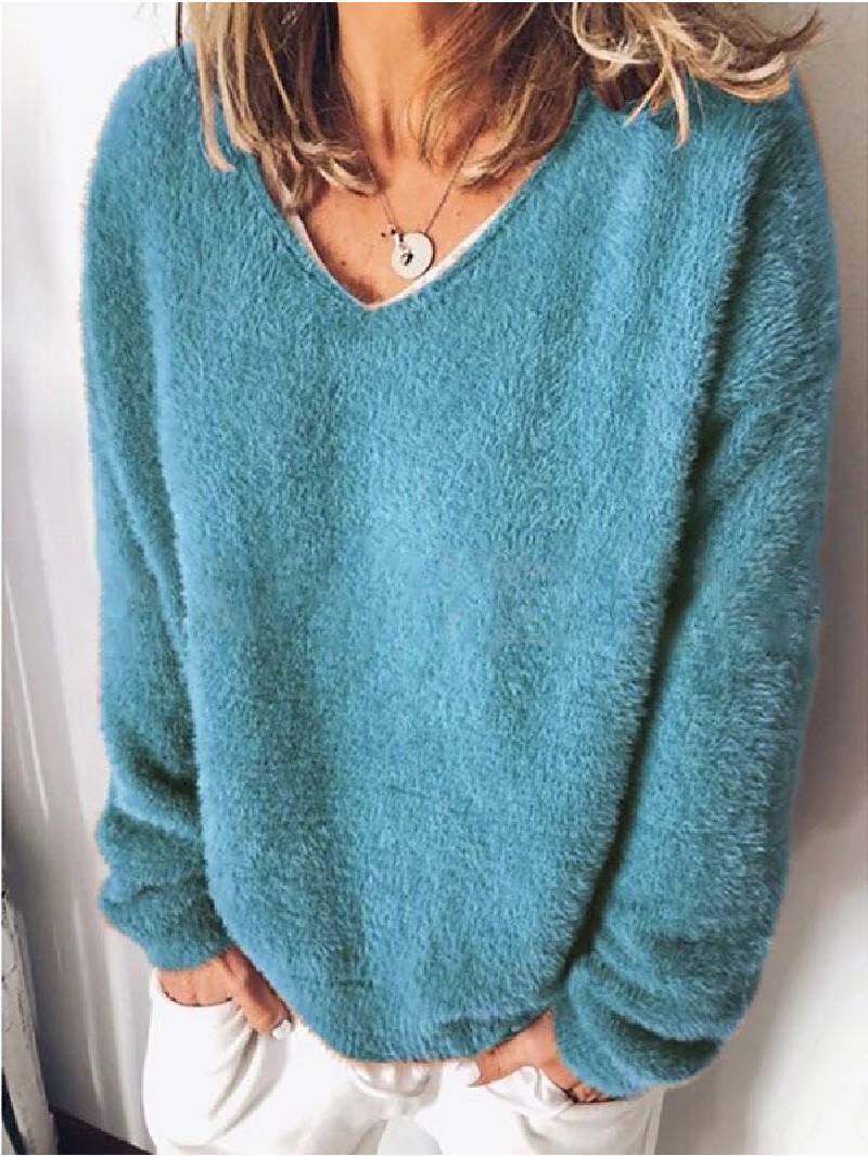 Solid Color V-neck Long-sleeved Plush Top blue