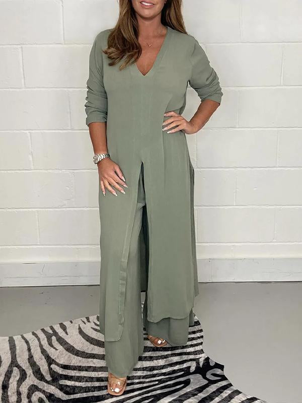 V-neck Slit Casual Two-piece Set green