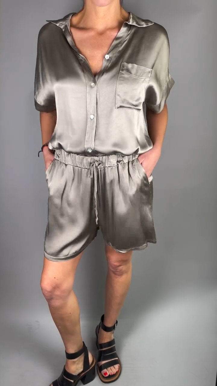 Satin Casual Short-sleeved Two-piece Suit gunmetal color