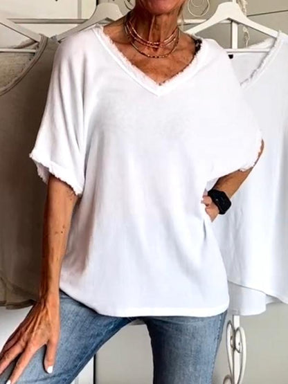 Casual V-neck Mid-sleeve Top white