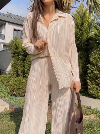 Women Casual Lapel Pit Strip Two-piece Suit apricot