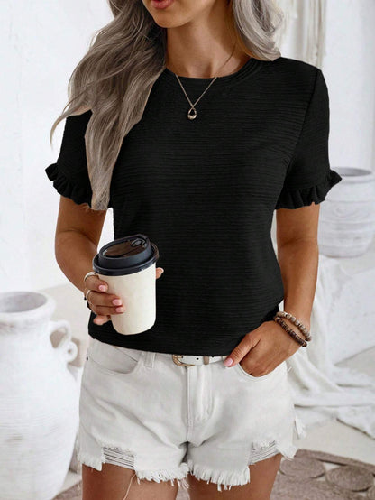 Round Neck Short Sleeve Fungus Casual Top black