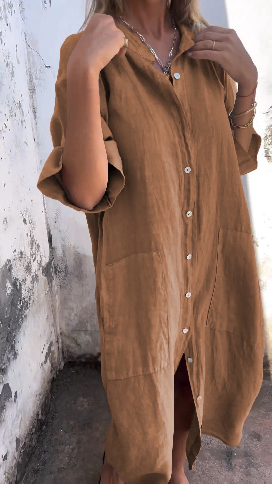 Shirt Style Casual Long Dress khaki