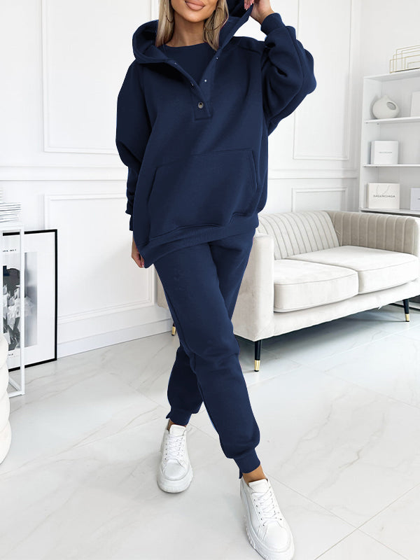 Casual Hooded Sweatshirt Sports Suit Sweatshirt+sweatpants blue