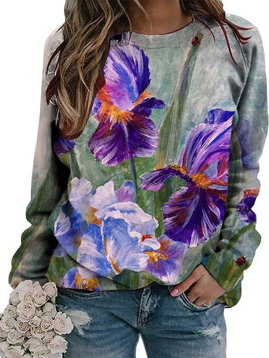 Casual Round Neck Colorful Printed Long Sleeve Top purple