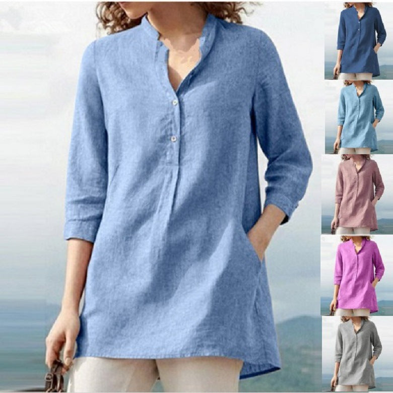 Solid color three-quarter sleeves stand-collar cotton and linen casual shirt