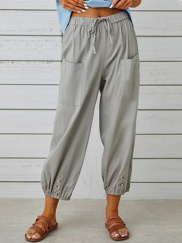 Women's pants High-waisted buttoned cotton hemp pants nine-point pants wide-legged Light grey