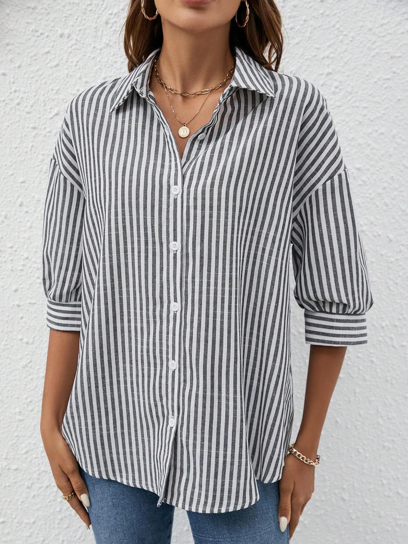 Lapel Mid-sleeve Striped Shirt grey