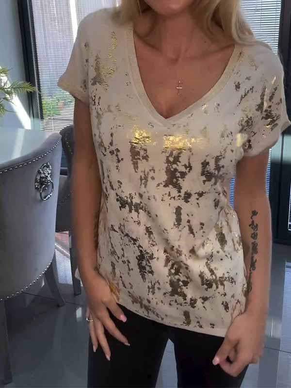 Women's V-neck Gold-stamped Short-sleeved Top