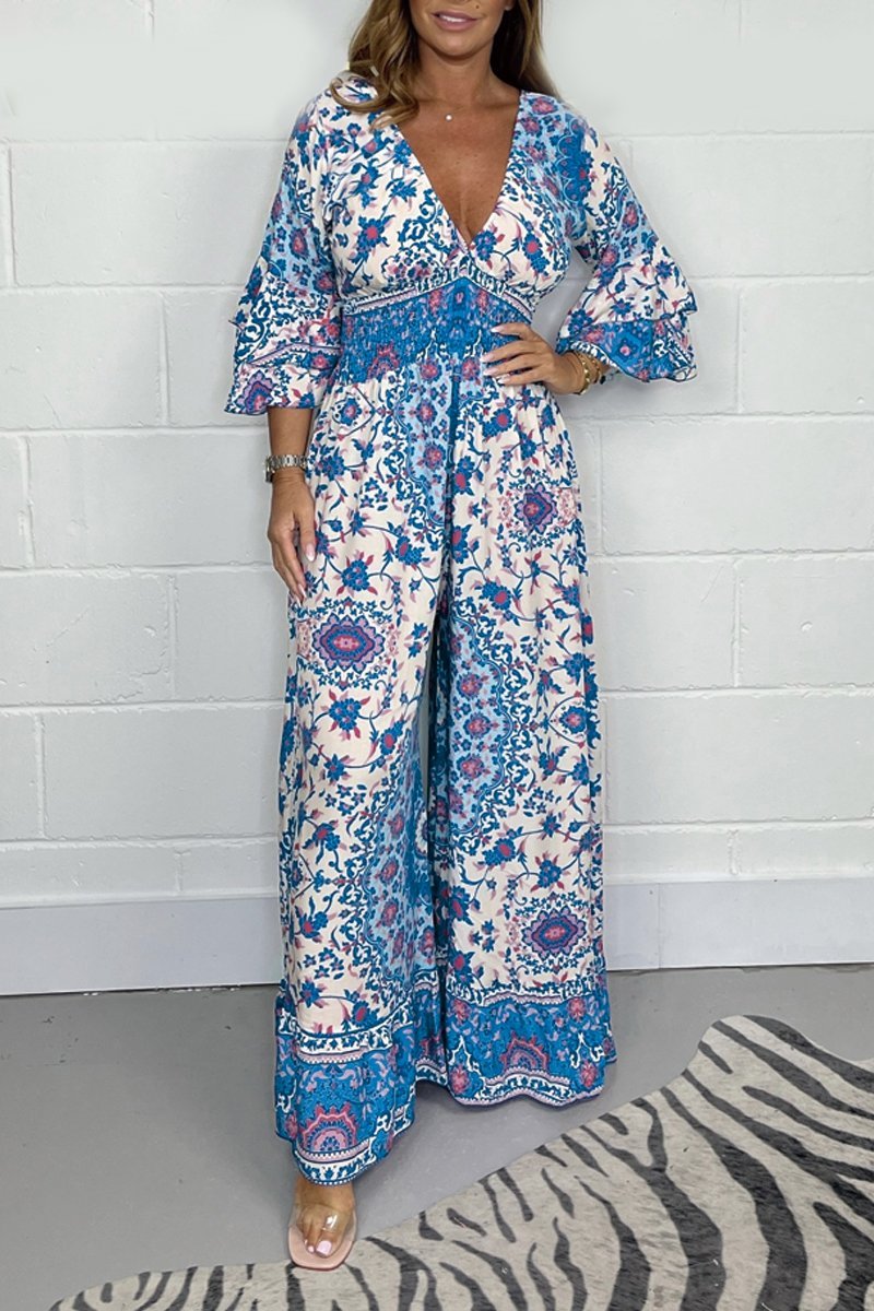 V-neck printed jumpsuit Blue