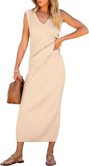 Women's V-neck Sleeveless Ribbed Skirt Suit