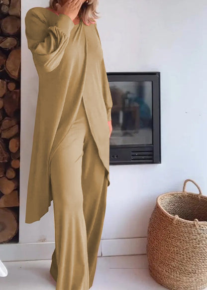 Round Neck Long Cardigan and Trousers Suit khaki