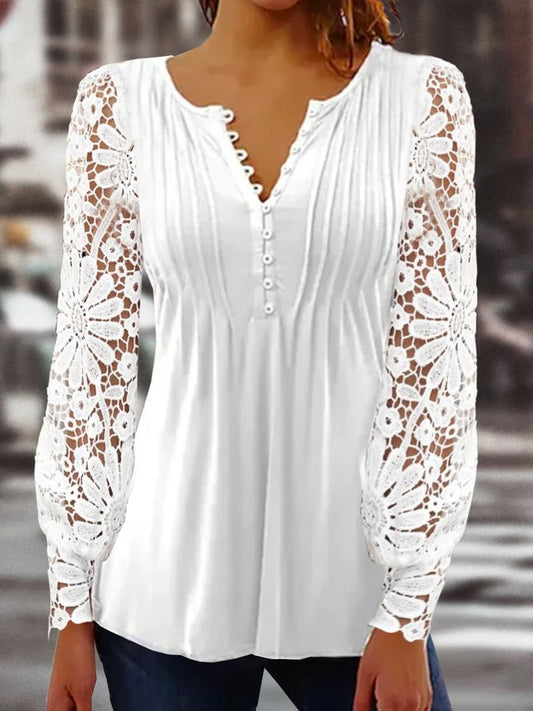 Plain Casual Patchwork lace Notched Tunic Top White