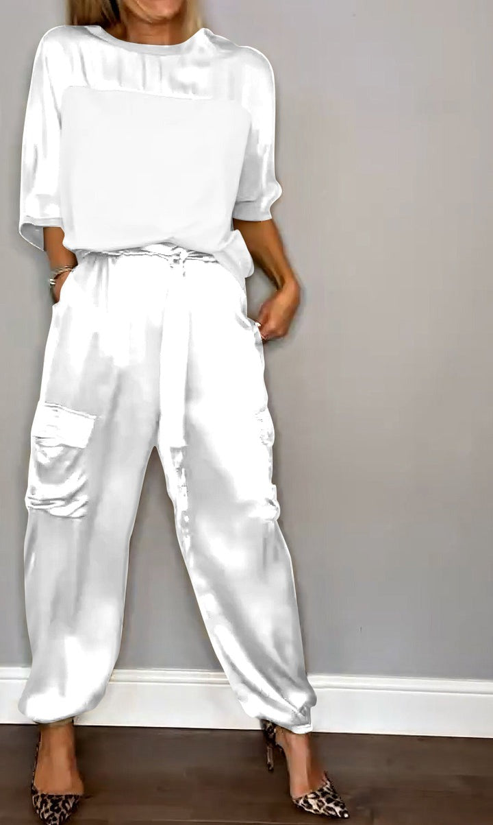 Women's Smooth Satin Half-sleeved Top and Pant Suit Two-piece White Round neck set