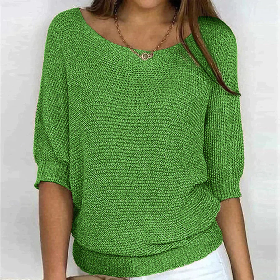 Solid Color Round Neck Sweater Green