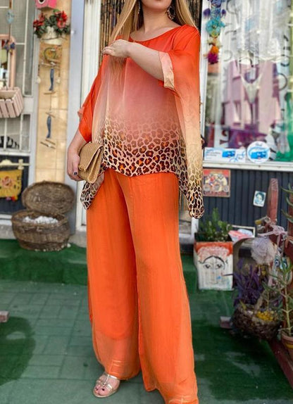 Leopard Print Chiffon Mid-sleeve Casual Two-piece Suit